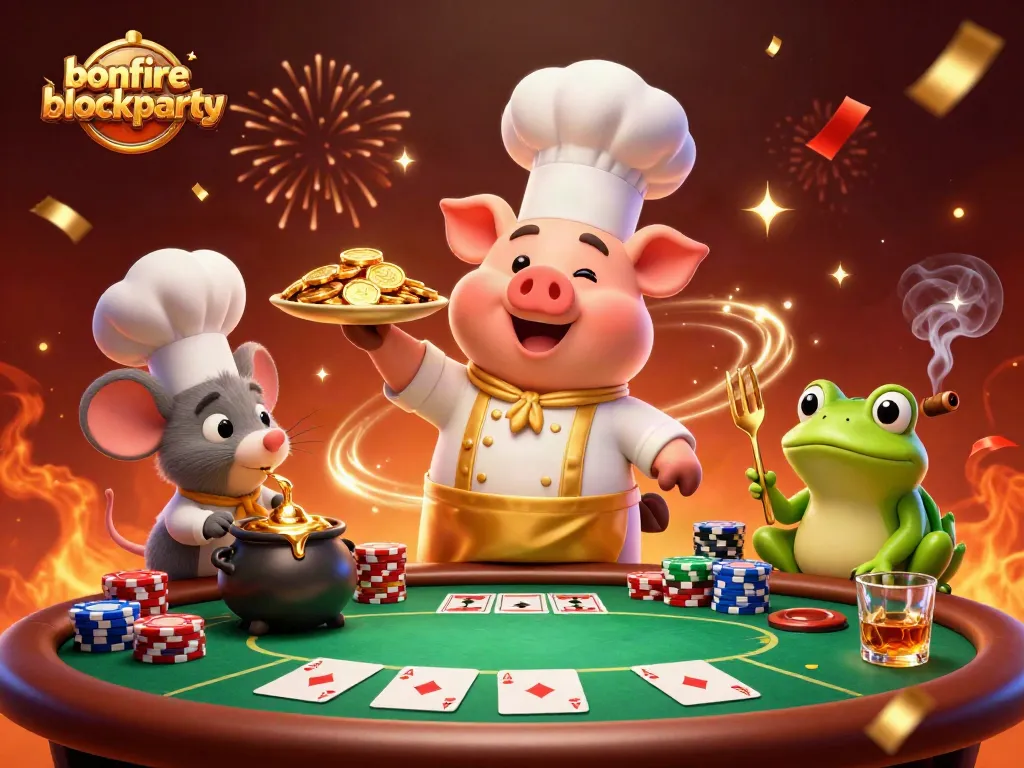Enjoy the vibrant bonfireblockparty with a 3D scene showcasing a chef pig and festive casino elements!
