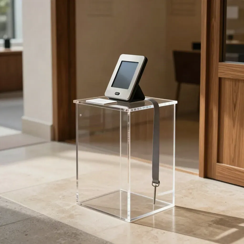 Punto de registro acrílico con lector NFC, terminal y tarjeta sin marca en un vestíbulo moderno.