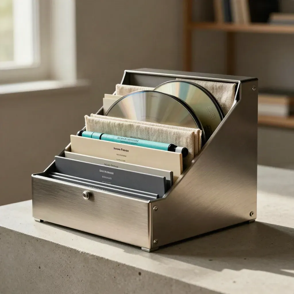 Cuatro módulos archivados con discos y fundas textiles en escalera, con luz cálida y acento turquesa.