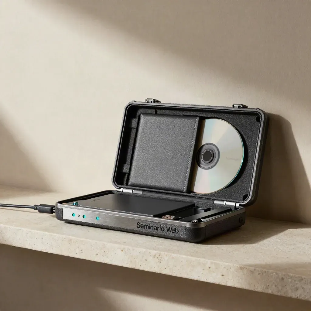 Disco SSD en funda acolchada junto a un dock de exportación con luz turquesa