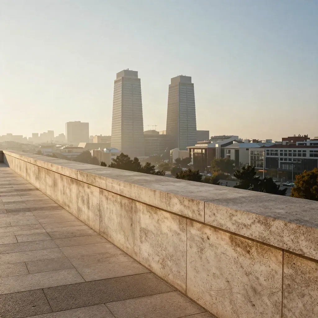 Terraza de piedra clara con el skyline de Madrid y Cuatro Torres en bruma cálida.