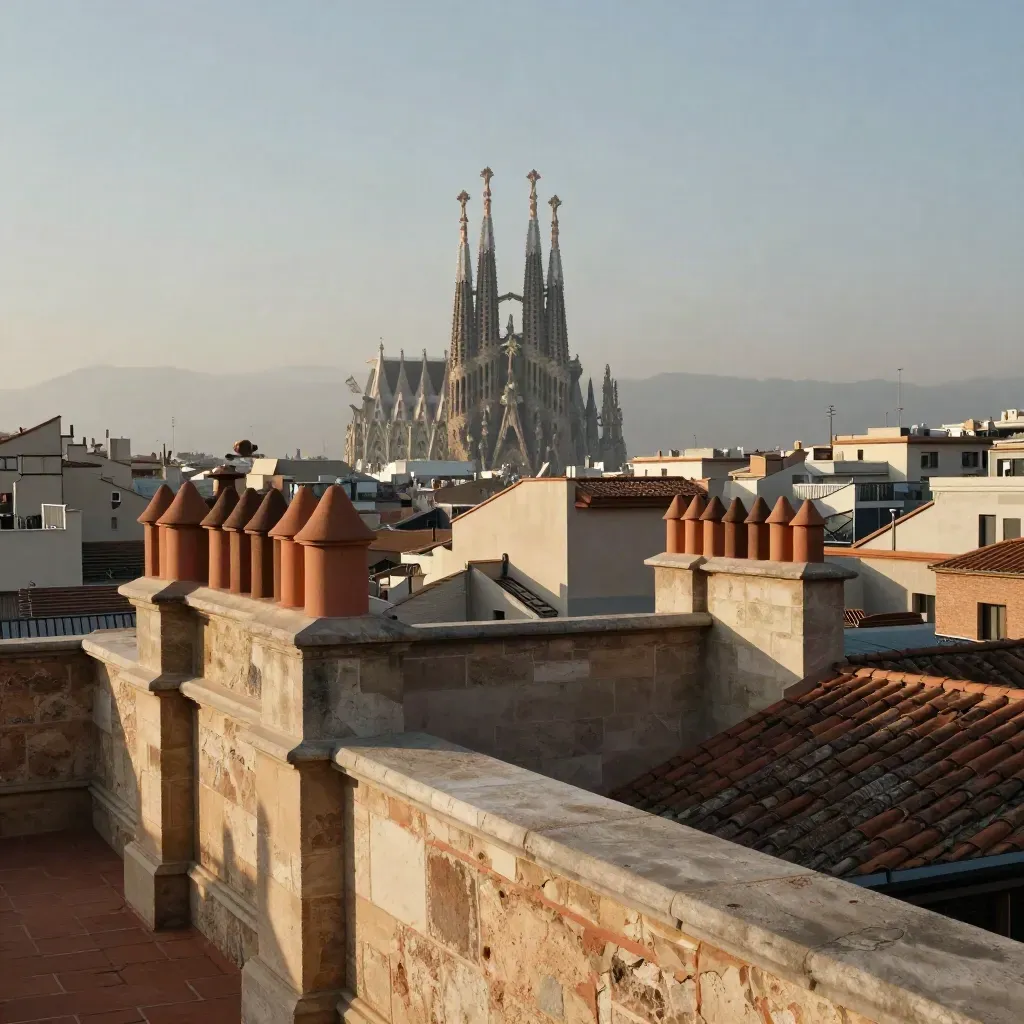 Tejados del Eixample y la Sagrada Família entre bruma marina, vistos desde una terraza alta.
