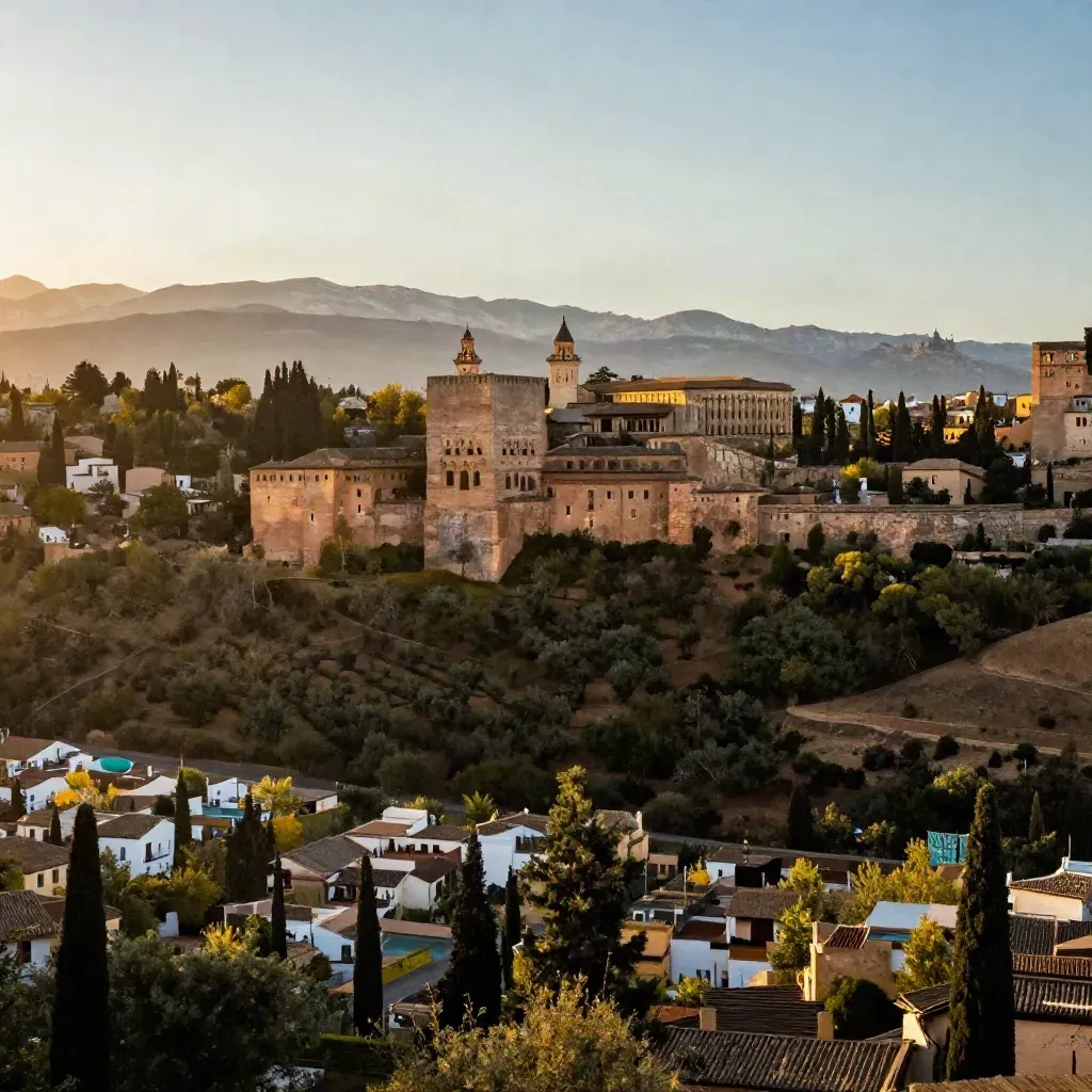La Alhambra sobre Granada al atardecer, con Sierra Nevada difusa y valle dorado.